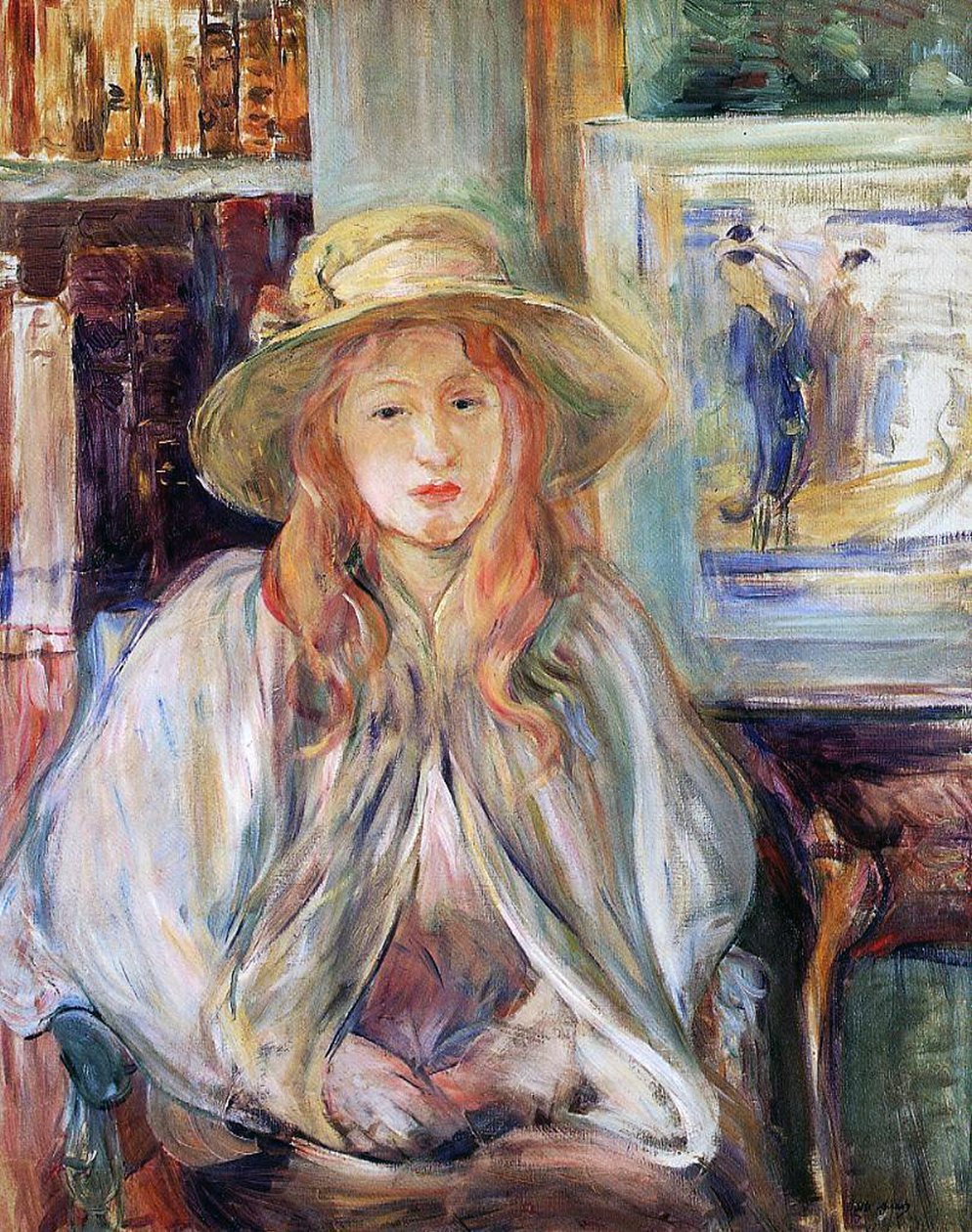 Julie Manet hasır şapkalı, 1892 tuvali) by Berthe Morisot