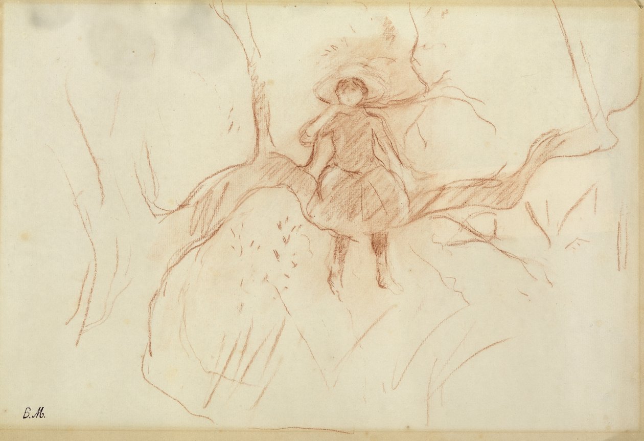 Ağaca Tüneyen, 1889 (kağıt üzerinde kırmızı tebeşir) by Berthe Morisot