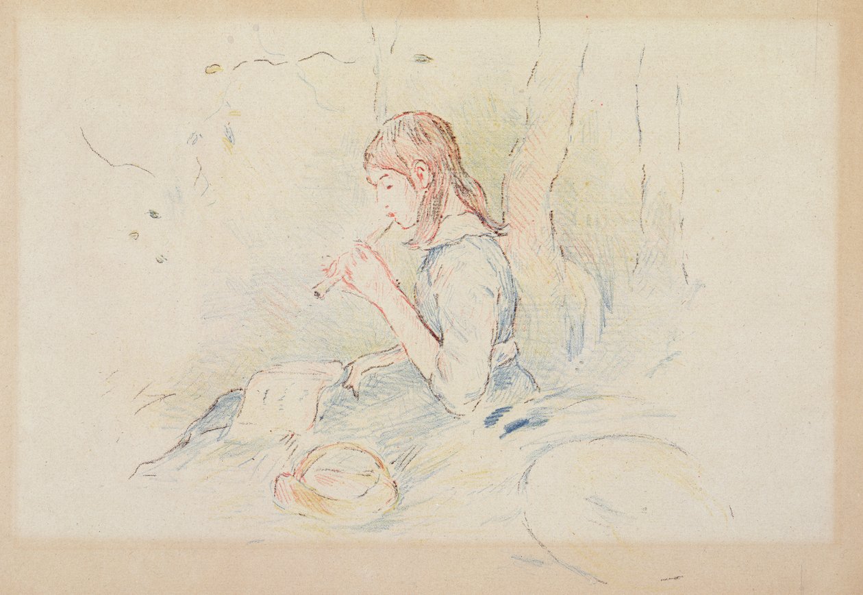 Flageolet Player, 1890 (kağıt üzerine renkli kurşun kalem) by Berthe Morisot