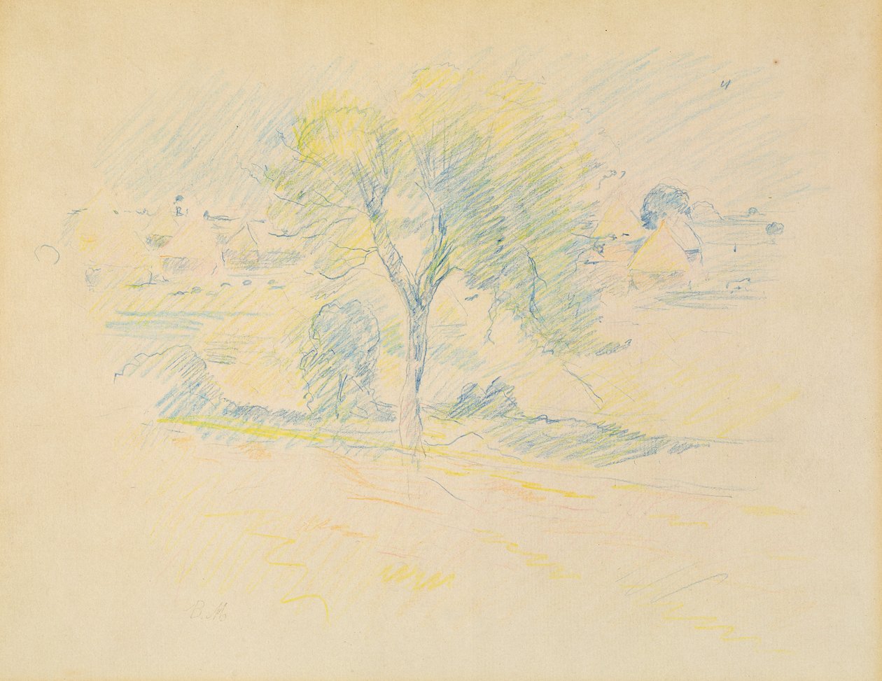 Ağaçlar ve değirmen taşları, 1883 (kağıt üzerine renkli kalem) by Berthe Morisot