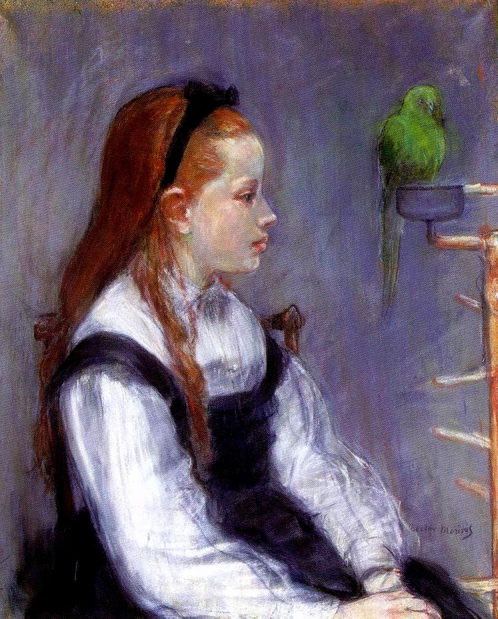 Papağanlı Genç Kız, 1873 dolayları (kağıt üzerinde pastel) by Berthe Morisot