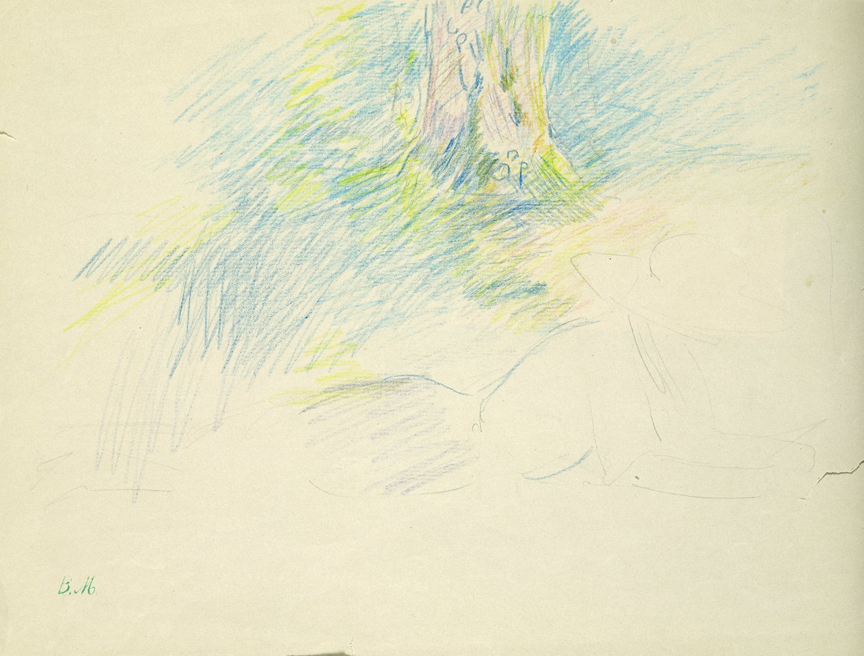 Bir ağacın altında yatan genç kız, 1891 (kağıt üzerine renkli kalem) by Berthe Morisot