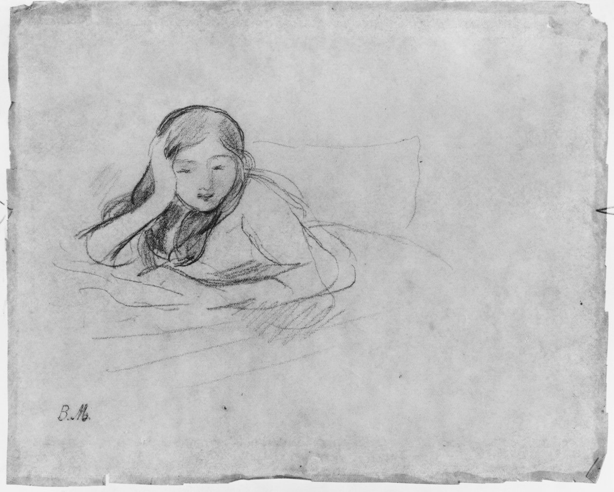 Okuyan genç kız, 1889 (kağıt üzerinde siyah kurşun) by Berthe Morisot