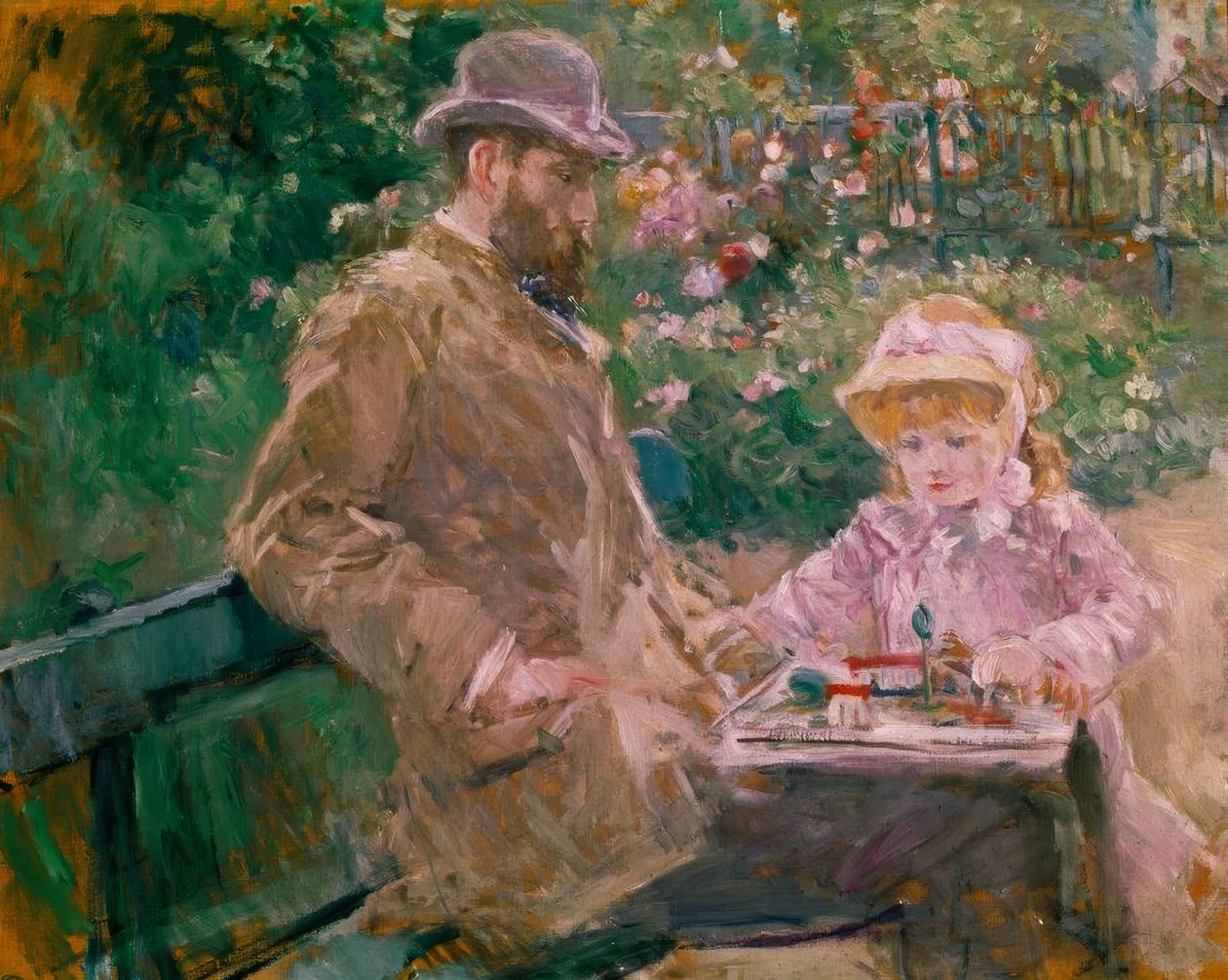 Eugene Manet ve kızı Bougival bahçesinde by Berthe Morisot