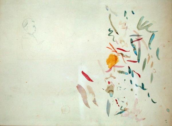 Bir kadının kafasının taslağı ve renk çizgileri, muhtemelen bir eskiz defterinden, 1887 (kağıt üzerinde wc ve kurşun kalem) by Berthe Morisot