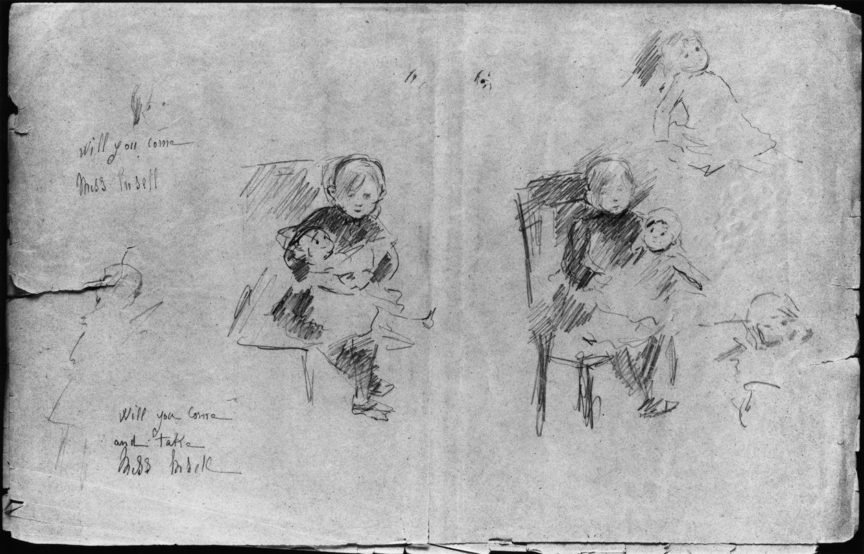 Oyuncak Bebekli Küçük Kız için Çalışmalar, 1884 (kağıt üzerinde siyah kurşun) by Berthe Morisot