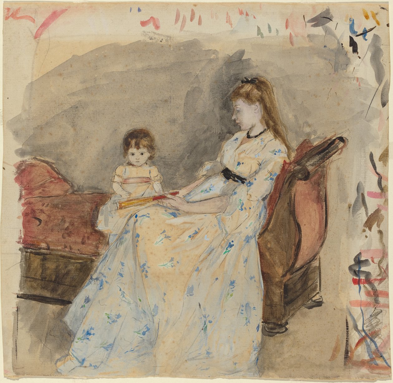 The Artists Sister, Edma, with Her Daughter, Jeanne, 1872 (döşemiş kağıt üzerinde grafit üzerinde wc) by Berthe Morisot