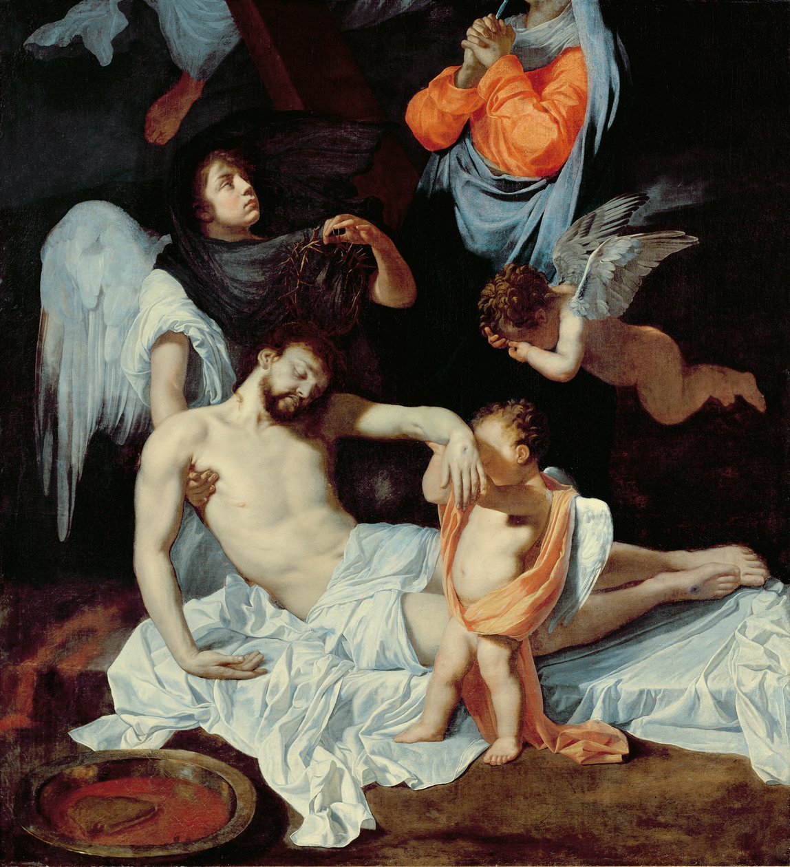 Christ at the foot of the cross, mourned by the Virgin and angels  by Bertholet Flemal