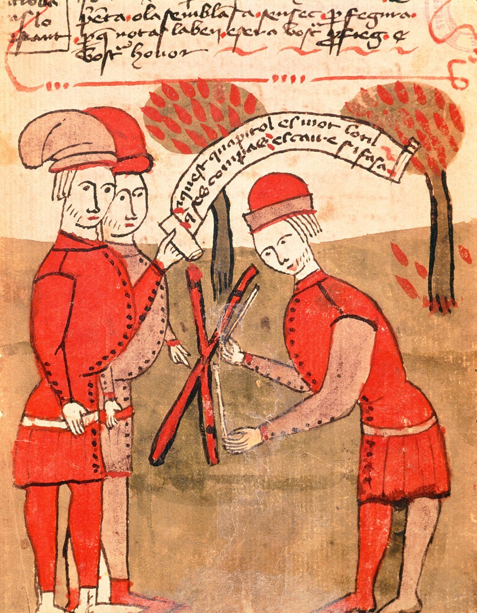 Ms 327 fol. 218r Arnaud de Villeneuve (1240-1312) tarafından yazılan 'Traite d'Arpentage'dan bir alanın ölçülmesi by Bertrand Boysset