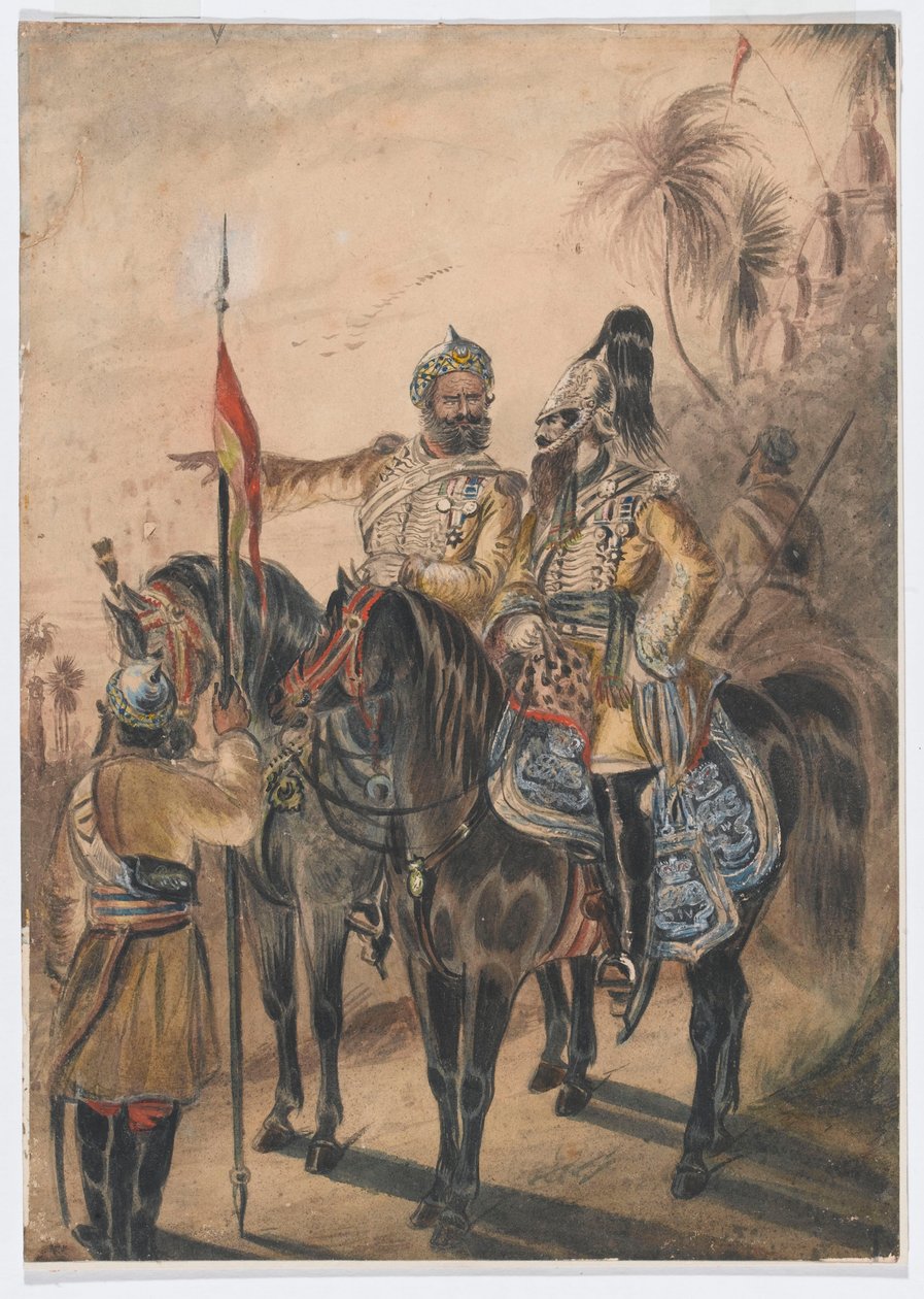 İki atlı subay ve atsız bir sowar, 4. Bengal Düzensiz Süvari, c.1850 (suluboya) by Bethune Donald Grant