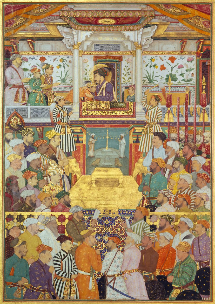 Padshahnama levha 10 : Şah Cihan, tahta çıkma törenleri sırasında en büyük üç oğlunu ve Asaf Han