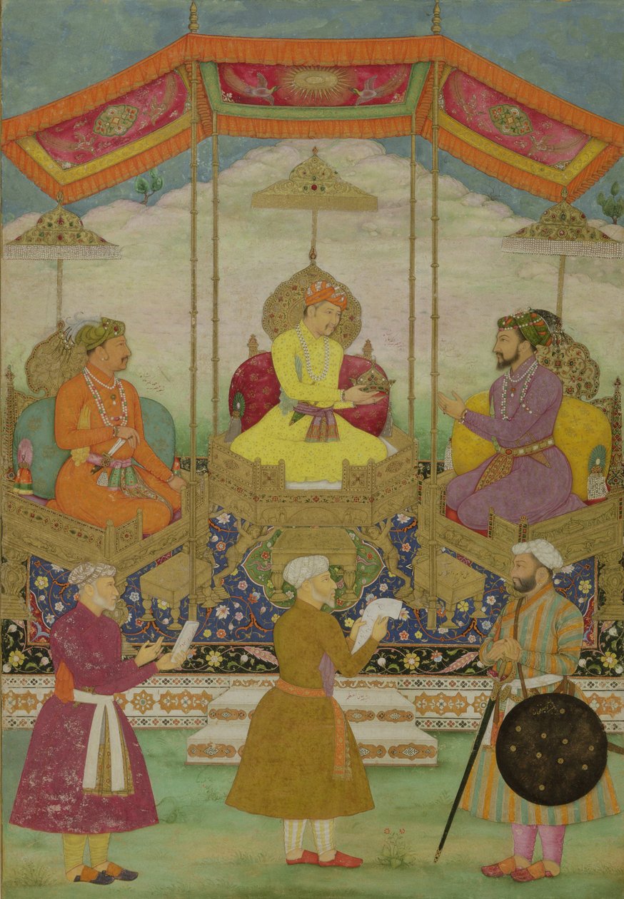 Babür İmparatoru Ekber (c.1605) (ortada) Sembolik olarak Tacı Oğlu Cihangir