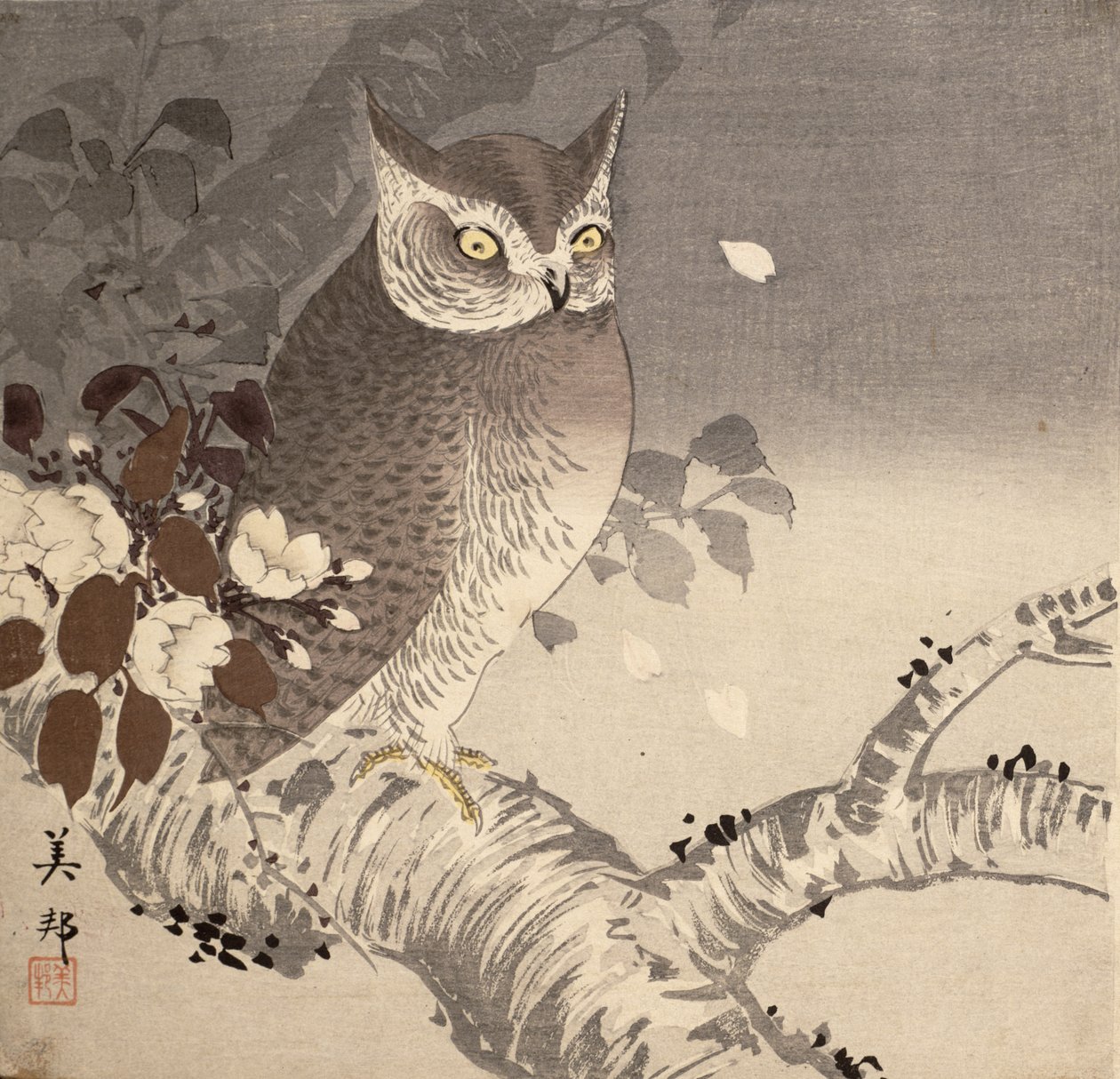 Bir ağaç dalı üzerinde bir baykuş by Biho Takashi or Takahashi (b. 1873. fl 1890 1930)