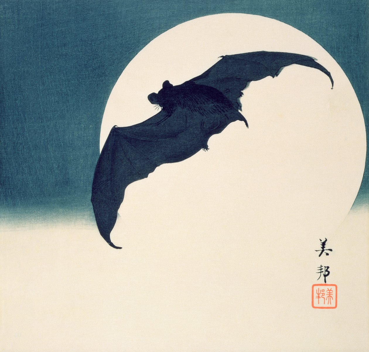 Yarasa ve Dolunay (renkli tahta baskı) by Biho Takashi or Takahashi (b. 1873. fl 1890 1930)