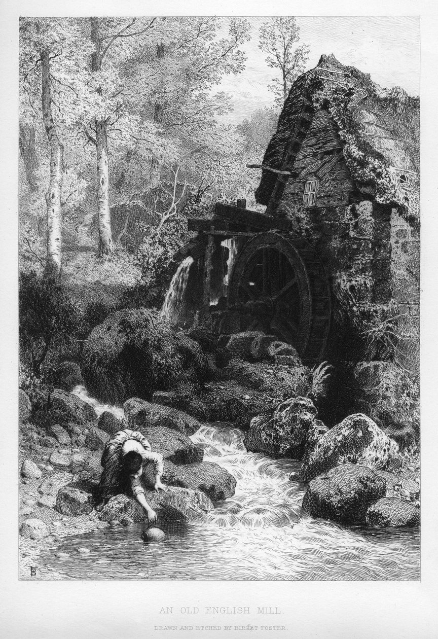 Eski bir İngiliz değirmeni, 19. yüzyıl. by Birket Foster