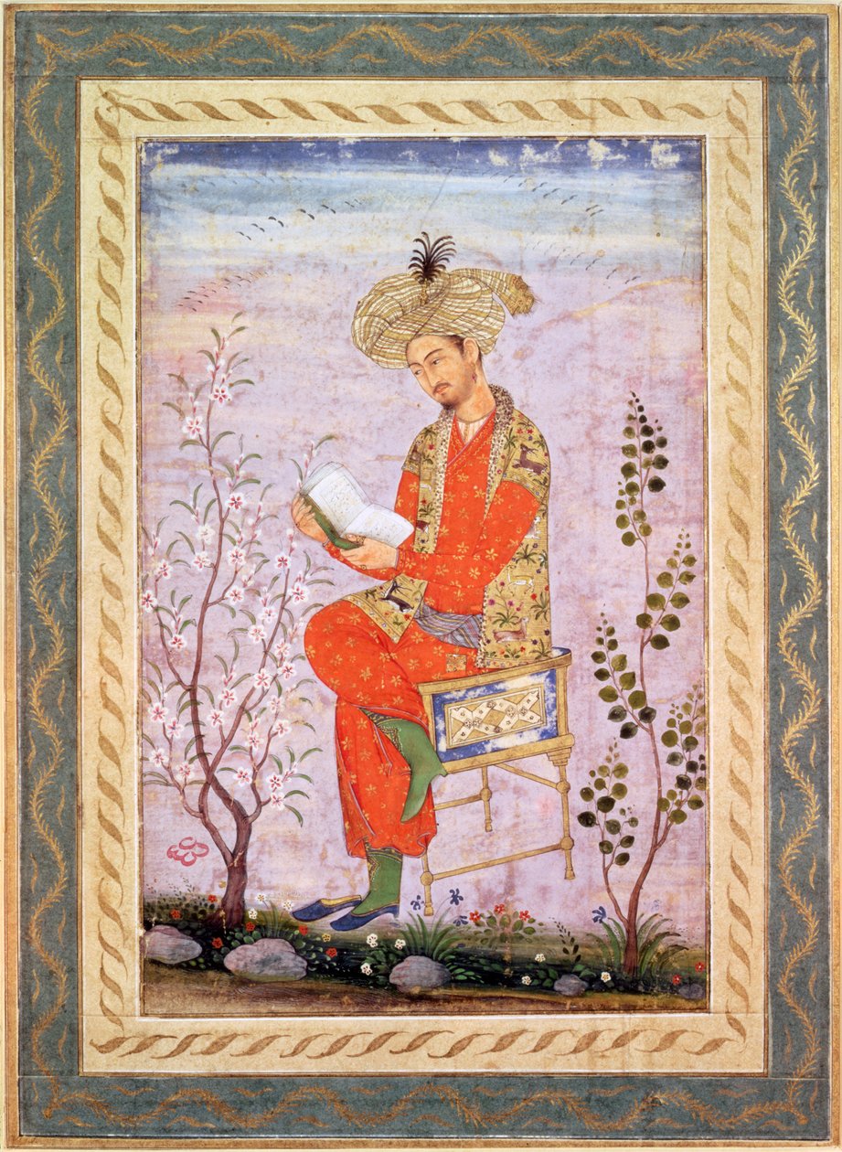 Babür (r.1526-30) Okuma, Babür (kağıt üzerine suluboya) by Bishn Das