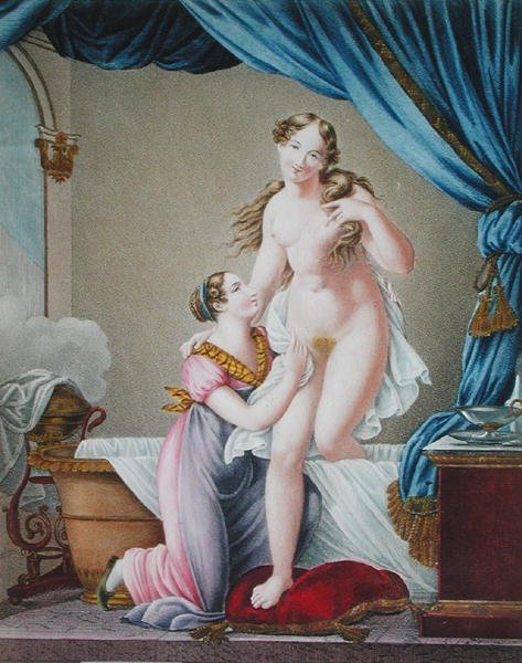 Banyodan Çıkan Kadın, Hizmetçisi tarafından destekleniyor, 1820 dolayları (renkli gravür) by Blaizot (after)