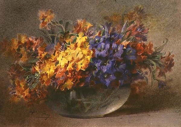 Cam bir kapta bahar çiçekleri (suluboya) by Blanche Odin