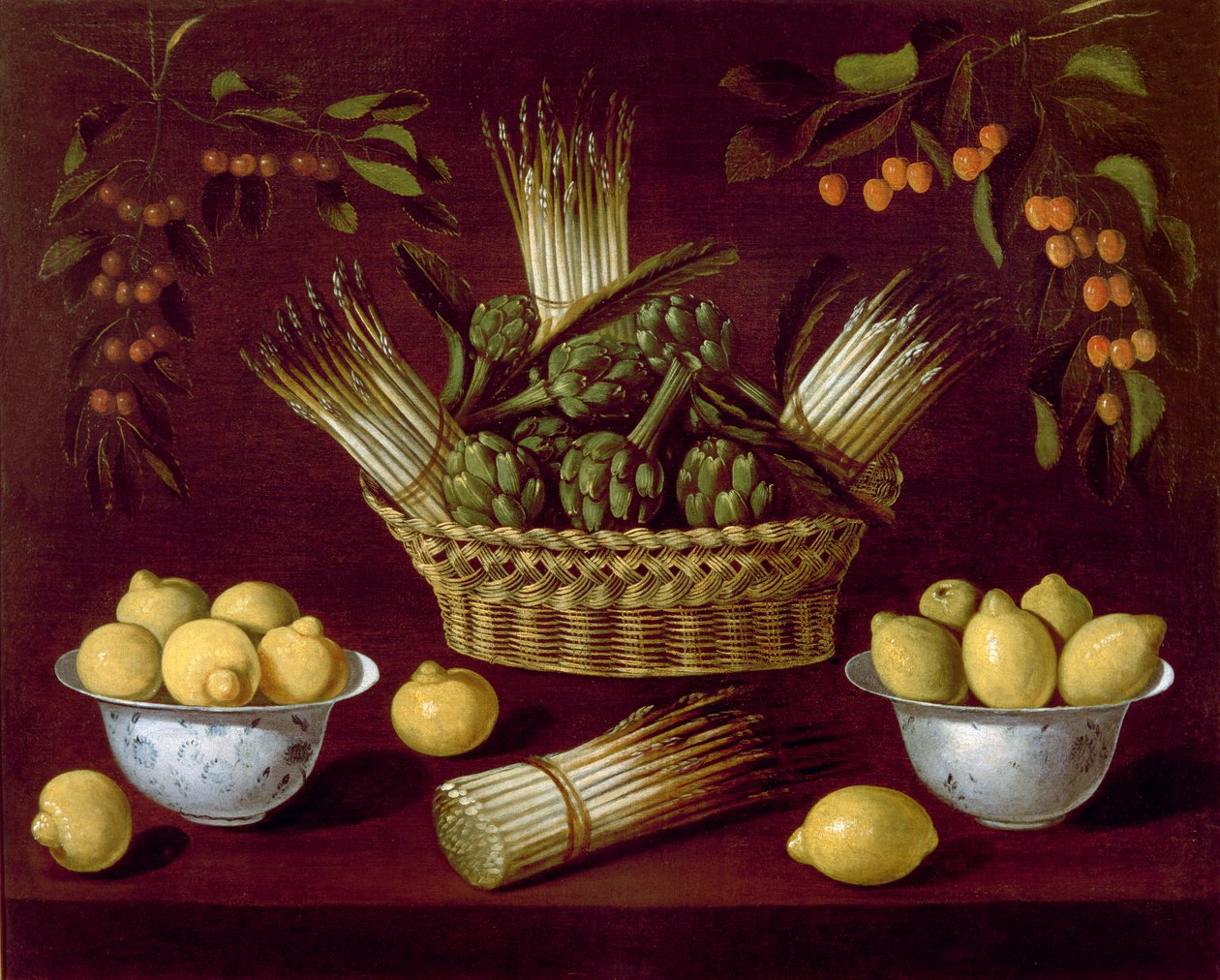 Still life with Asparagus, Artichokes, Lemons and Cherries  by Blas de Ledesma