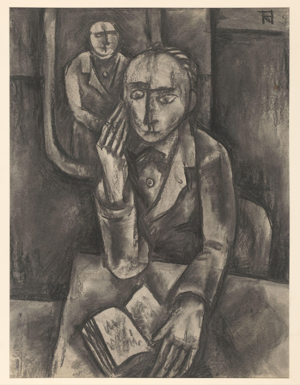 Açık bir kitapla masada oturan adam by Bob Hanf (signed by artist)