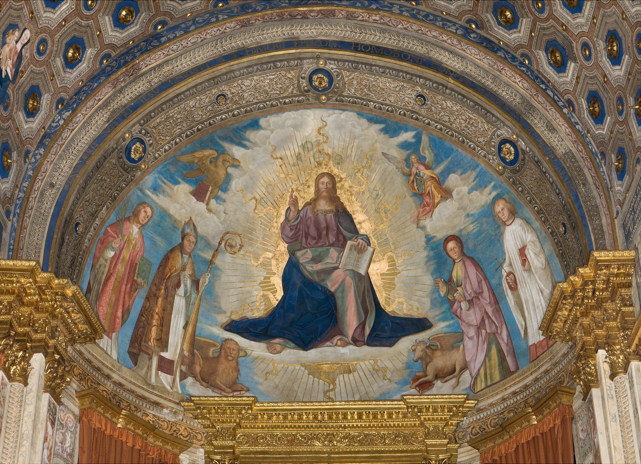 Apsis, Catino Apse, Boccaccio Boccaccino, Pantocrator arasında Azizler Marcellino, Imerio, Omobono, Peter Exorcist by Boccaccio Boccaccino