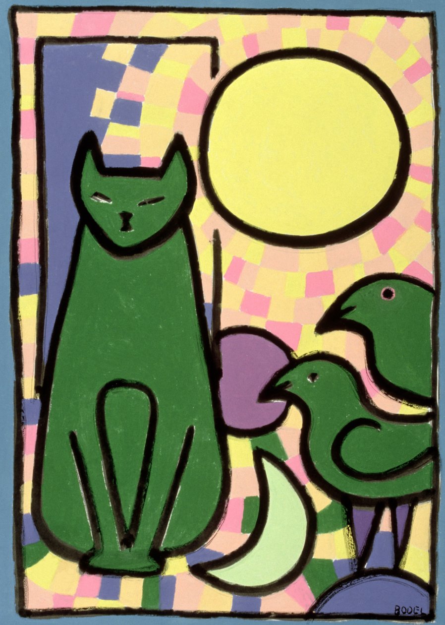 Sun Cat, 2000 (kağıt üzerine yağlı, pastel ve Hint mürekkebi) by Bodel Rikys