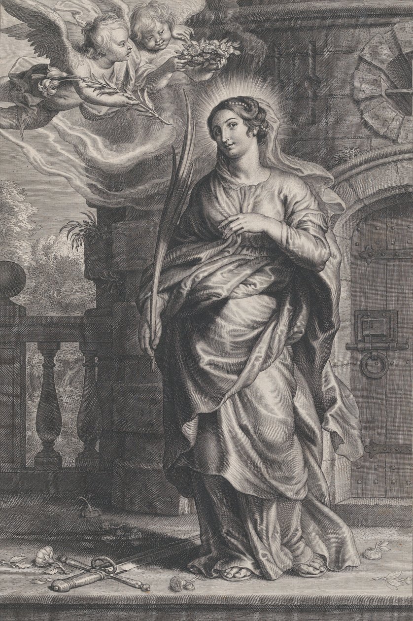 Aziz Barbara elinde bir kılıç ve çiçeklerle palmiye yaprakları tutuyor, iki putti o..., ca. 1625-59. by Boetius Adams Bolswert