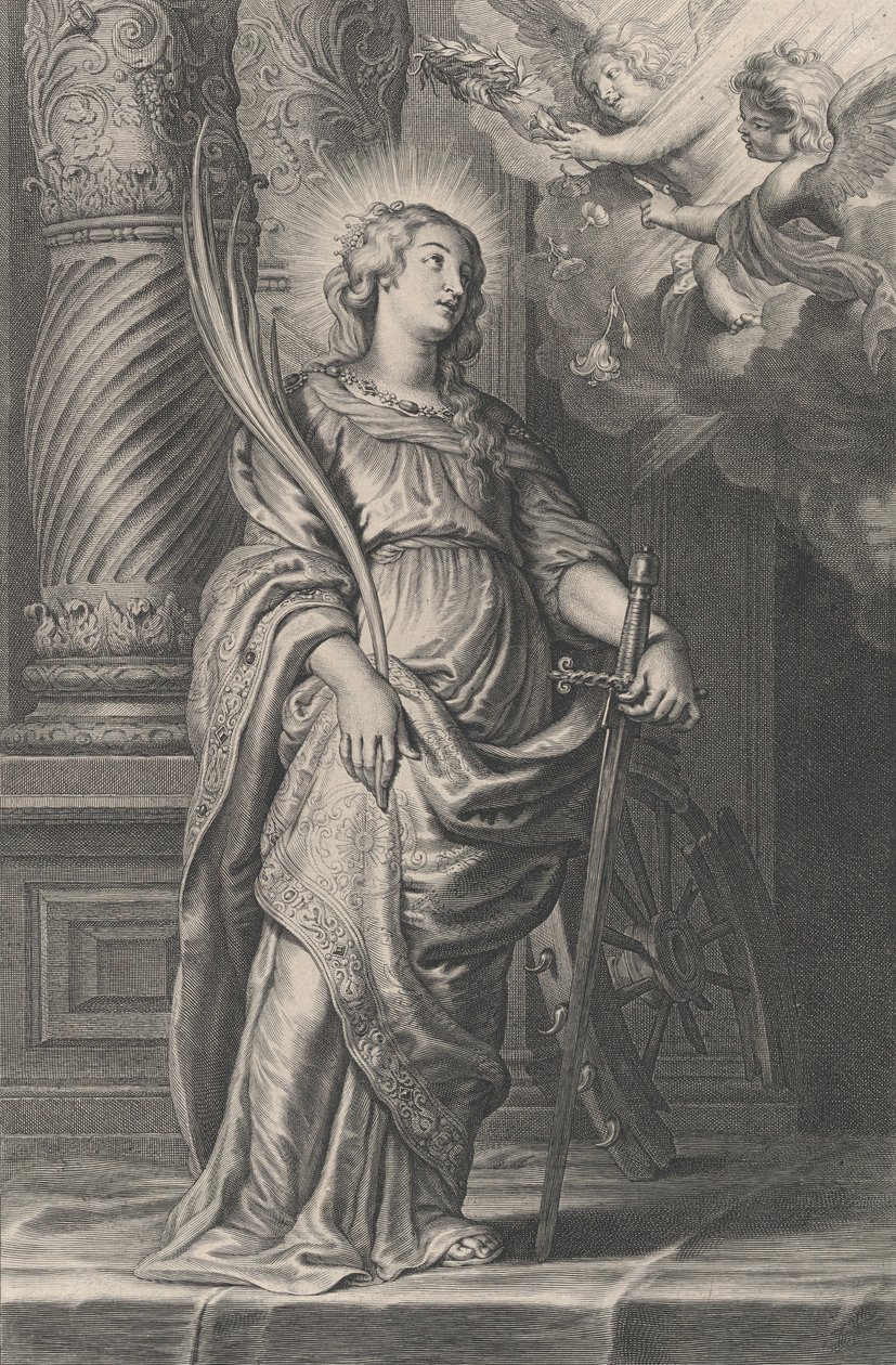 Aziz Catherine palmiye yaprakları ve bir kılıç tutuyor, tepede iki putti bir laure tutuyor..., ca. 1625-59. by Boetius Adams Bolswert