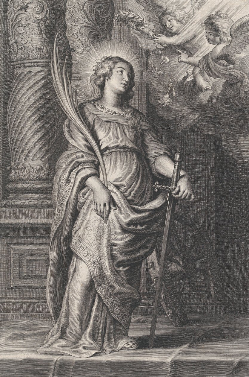 Aziz Catherine palmiye yaprakları ve bir kılıç tutuyor, tepede iki putti bir laure tutuyor..., ca. 1625-59. by Boetius Adams Bolswert