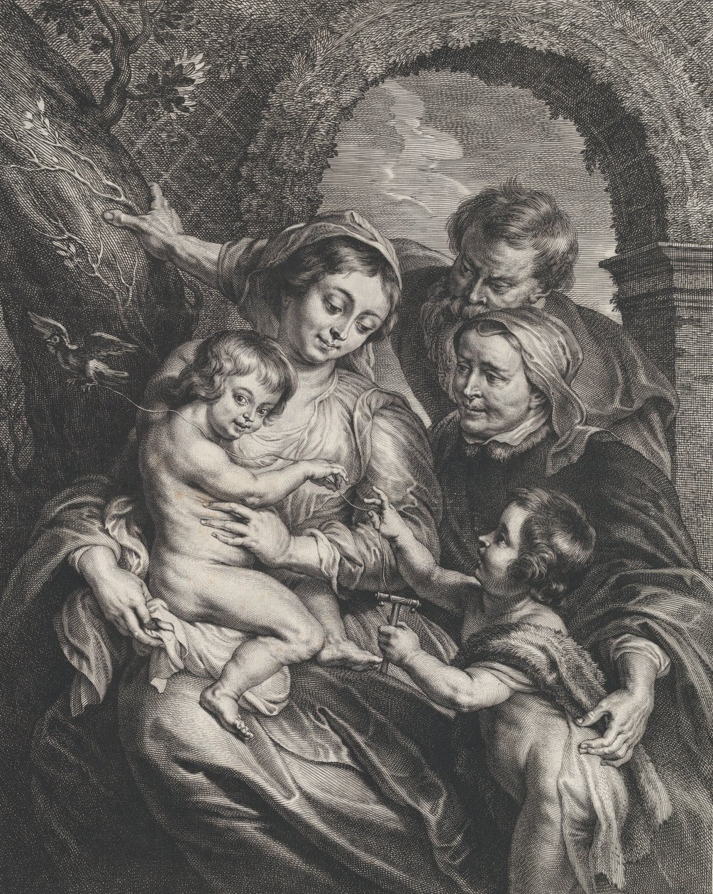 Aziz Elizabeth ve bebek Aziz Vaftizci Yahya ile Kutsal Aile, holding..., ca. 1600-59. by Boetius Adams Bolswert
