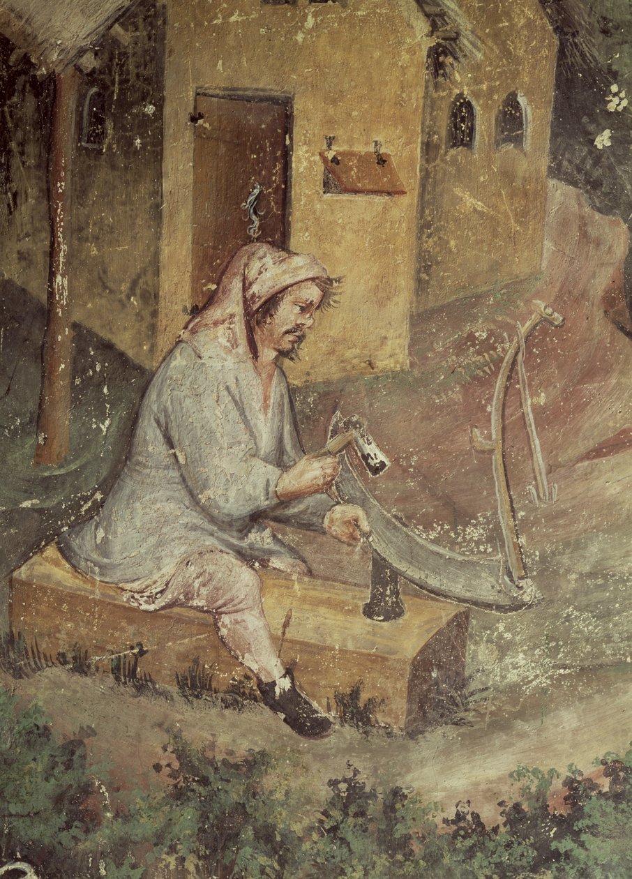 Temmuz Ayı, tırpanını bileyen bir köylünün detayı, yaklaşık 1400 by Bohemian School
