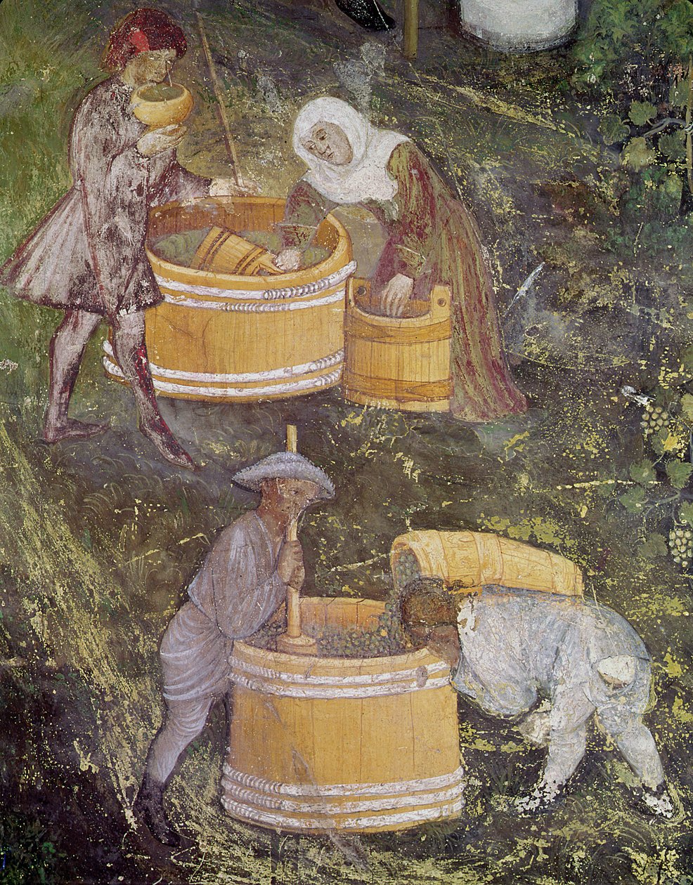 Ekim Ayı, üzüm toplayıcıların ve fıçıların detayı, c.1400 by Bohemian School
