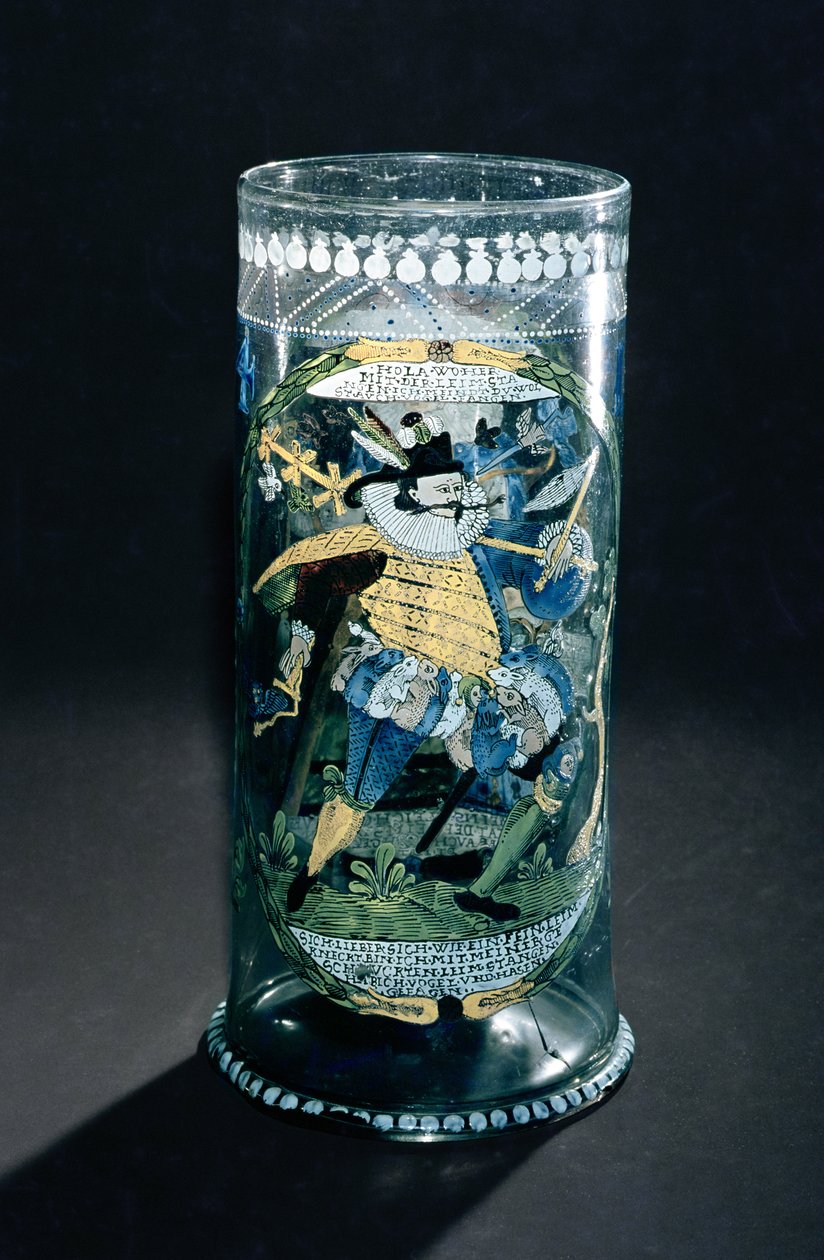 Bir Avcı ve Bir Kadının emaye süslemeli Humpen (uzun beher), c.1594 (cam) by Bohemian School