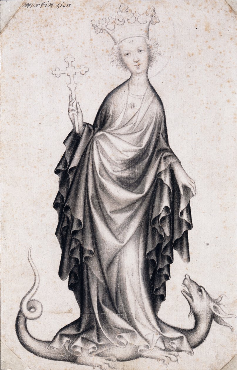 Antakya Aziz Margaret (305 civarında öldü) (Saint Margaret) (bir haç tutar ve bir ejderhayı çiğner) - Bohemyalı bir ustanın eseri (aktif 1410-1420), kağıt üzerinde kalem ve fırça (21.4x14 cm), 1410 civarında - Szepmuveszeti Müzesi, Budapeşte (Macaristan) by Bohemian School