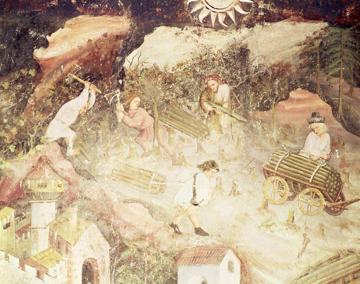 Aralık Ayı, ağaçları kesen adamların detayı, yaklaşık 1400 (fresk) by Bohemian School
