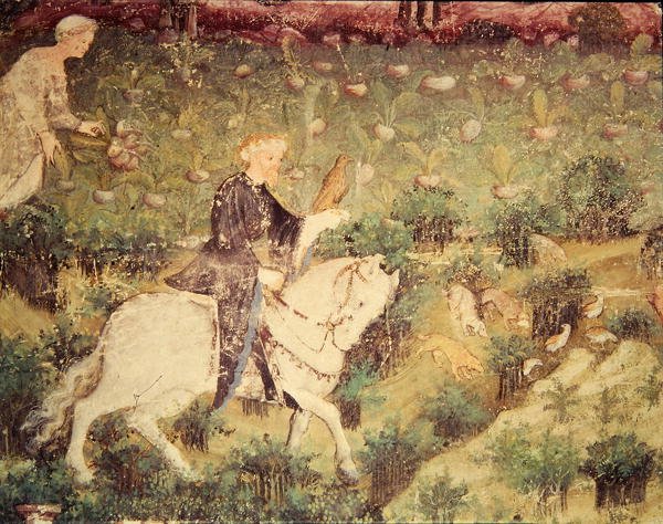 Eylül Ayı, şahinli bir binicinin detayı, c.1400 (fresk) by Bohemian School
