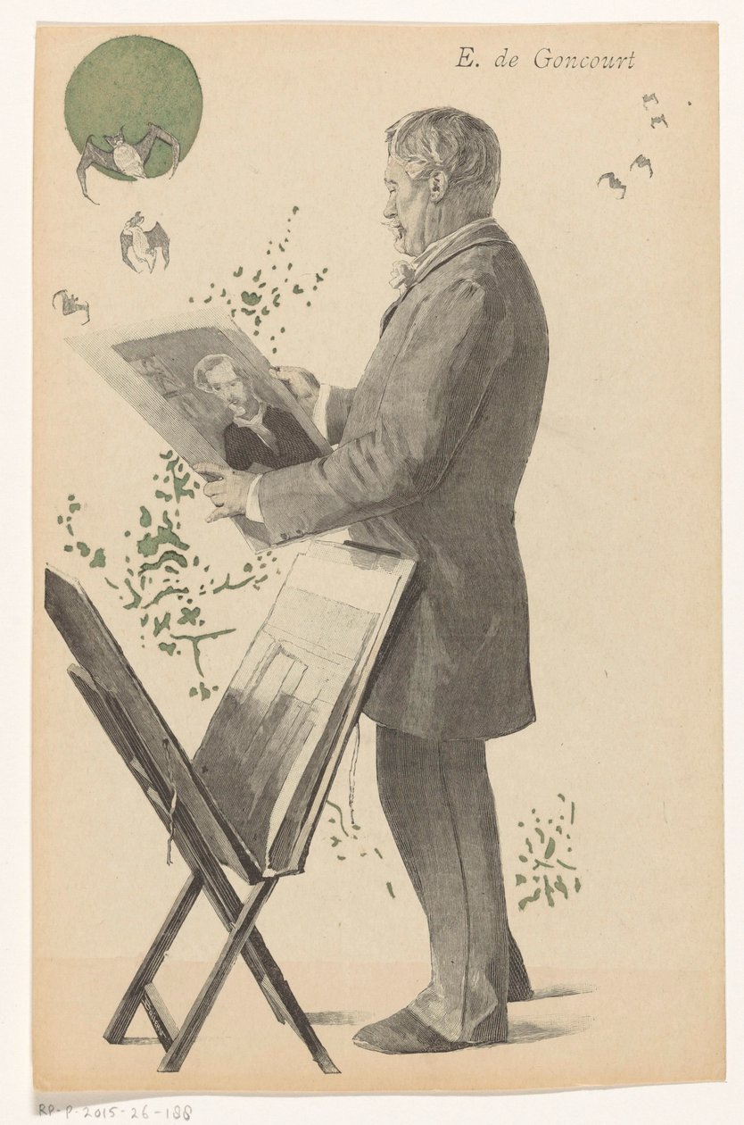 Edmond de Goncourt bir baskıya bakıyor, yanında bir baskı standardı E. de Goncourt (nesne üzerindeki başlık) by Boileau