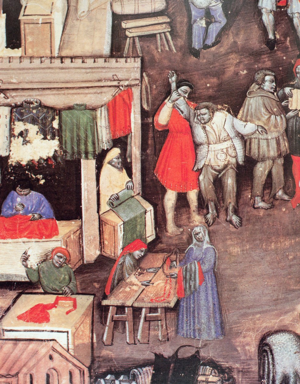 Bir pazardaki kumaş tüccarları, 'Tüccar Loncası Bildirgesi' (parşömen) el yazmasından by Bolognese School