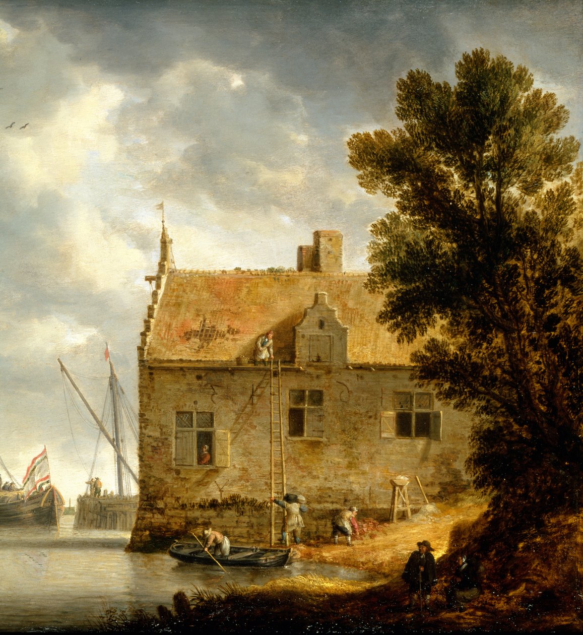 Nehir kenarında bir evi tamir eden inşaatçılar by Bonaventura Peeters