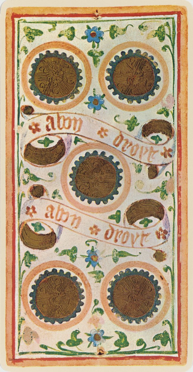 The Five of Coins, facsimile of a tarot card from the 