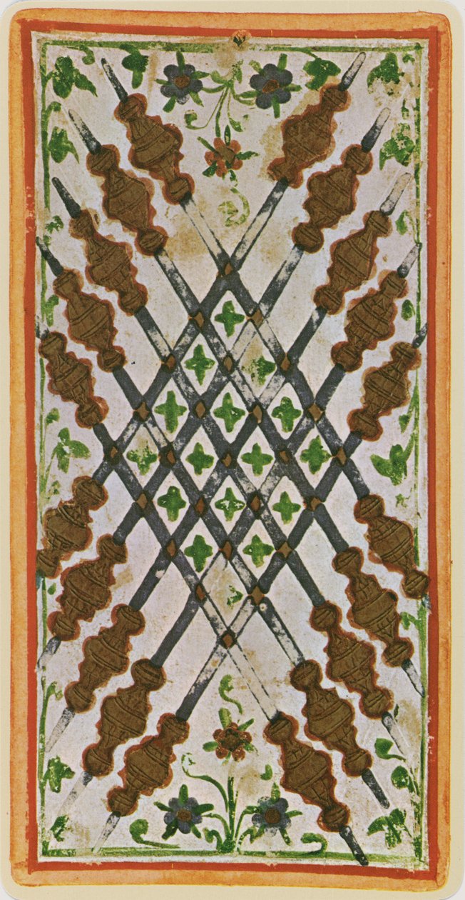 The Ten of Wands, facsimile of a tarot card from the 
