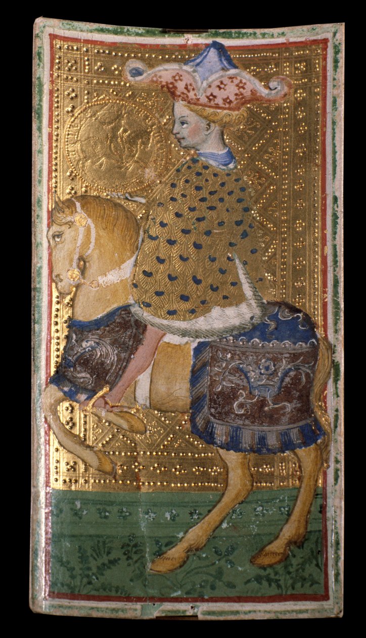Visconti-Sforza tarot güverteleri: denari atı (karton üzerine parşömen üzerine boyama by Bonifacio Bembo