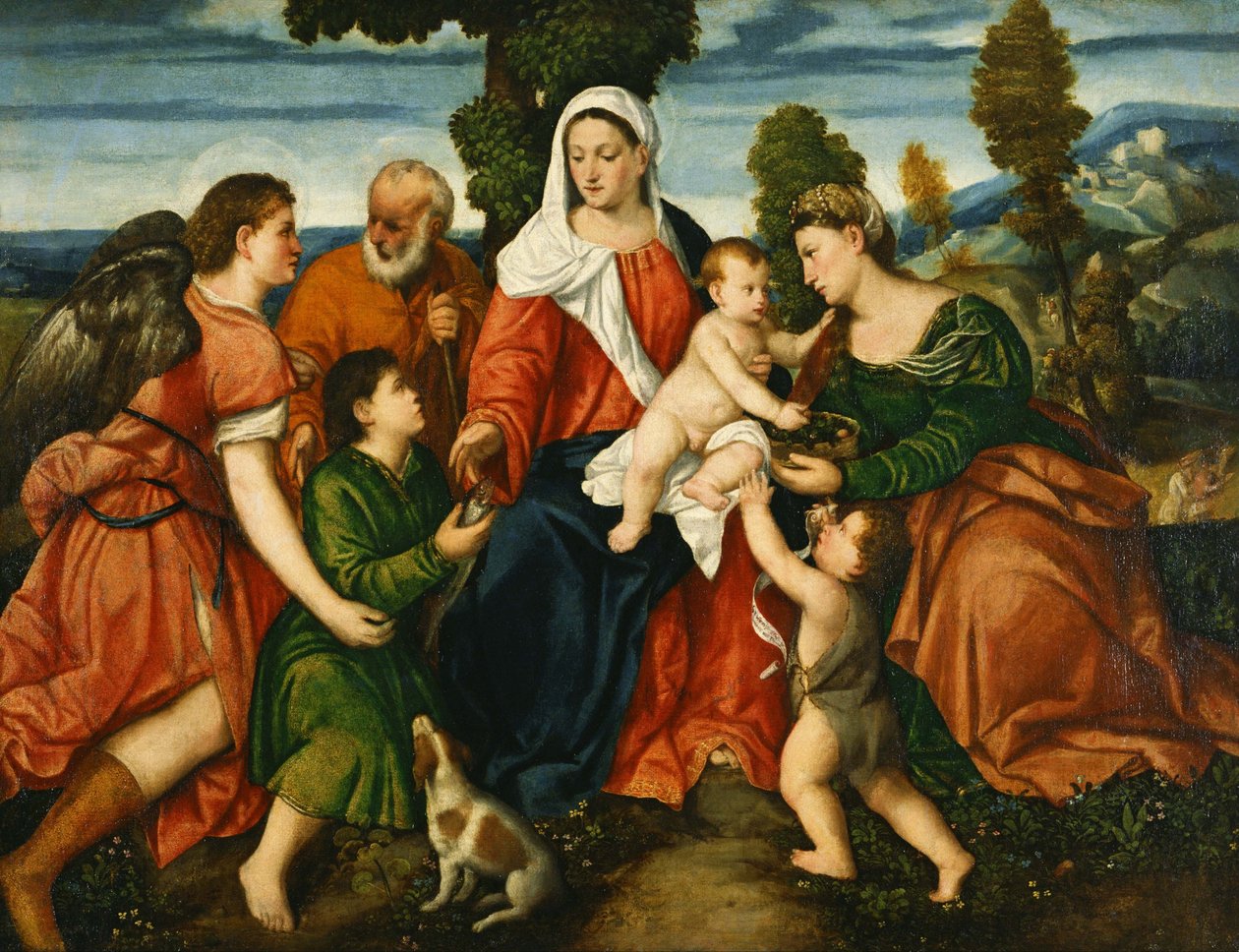 Heilaga fjölskyldan með Tobias og englinum, heilögu Dorothy, Giovannino og kraftaverk kornsins handan by Bonifazio Veronese