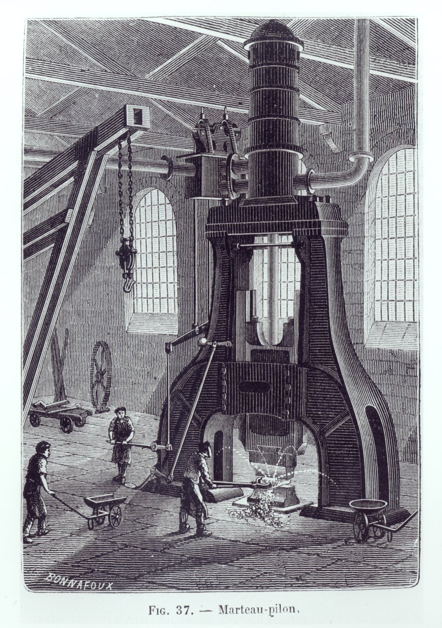 Le Creusot Power Hammer, endüstriyel makineler hakkında bir kitap için illüstrasyon, c. 1880 (bw fotoğraf) by Bonnafoux