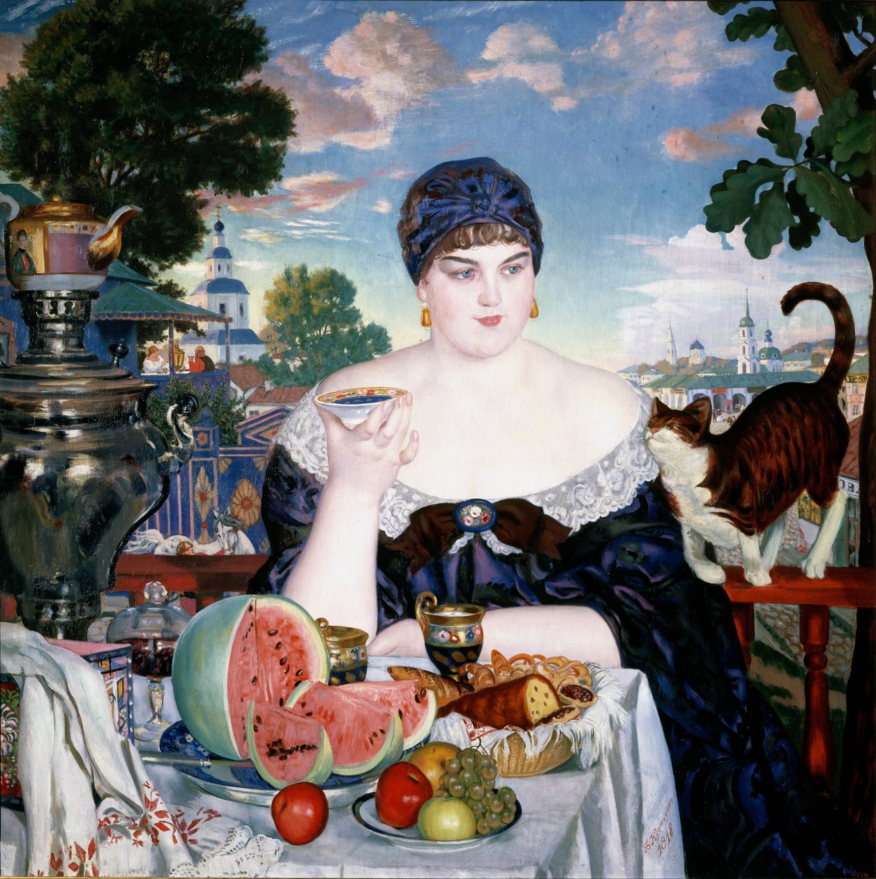 Çay şirketinde Tüccar Eşi by Boris Mikhailovich Kustodiev