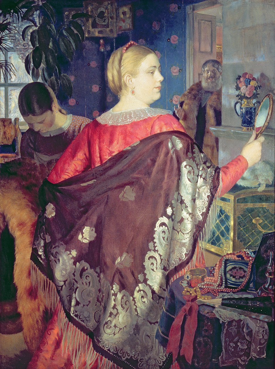 Bir ayna ile tüccarın kadın by Boris Mikhailovich Kustodiev