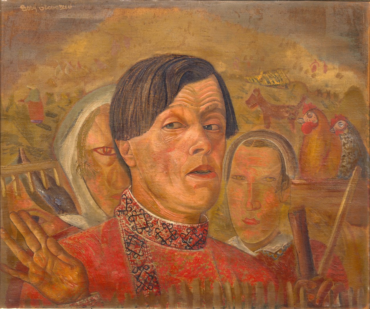 Horoz ve tavuklu otoportre, c. 1924 by Boris Dmitrievich Grigoriev