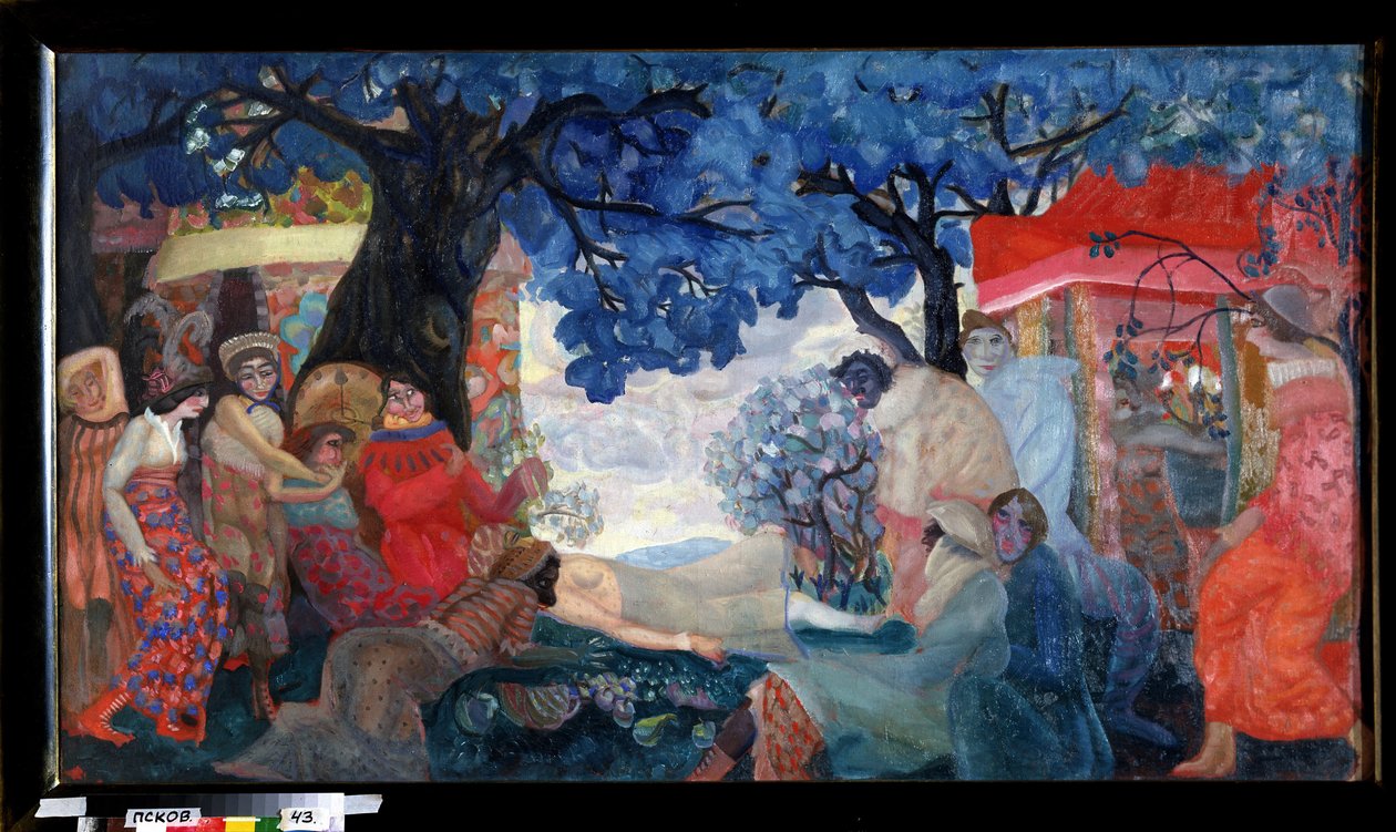 Bir rüya. Rengarenk evlerin olduğu bir köyde, mavi yapraklarla ağaçların altında yatan başka bir karakteri kostümlü veya maskeli karakterler çevreliyor. Boris Dmitryevich Grigoriev (1886-1939), karton üzerine tempera çalışması by Boris Dmitrievich Grigoriev