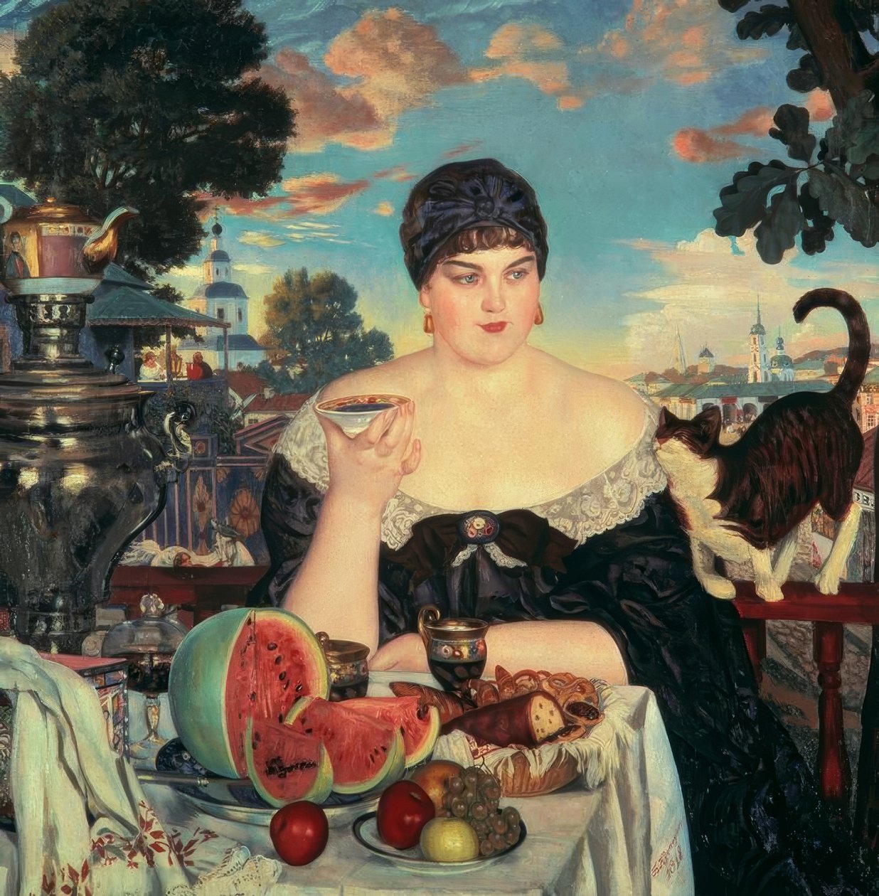 Çay içen iş kadını by Boris Mikhailovich Kustodiev