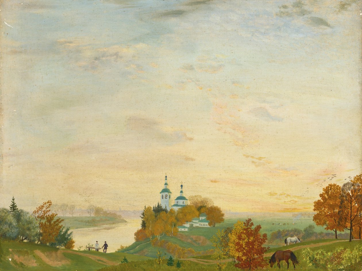 Nehrin üstünde, Sonbahar, 1919 by Boris Mikhailovich Kustodiev